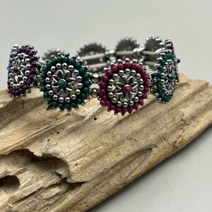 Silver Stretchy Bracelet with Purple and Green Accents